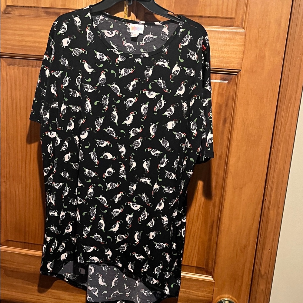 LuLaRoe Black Tee with White Bird Print and Green Accents
